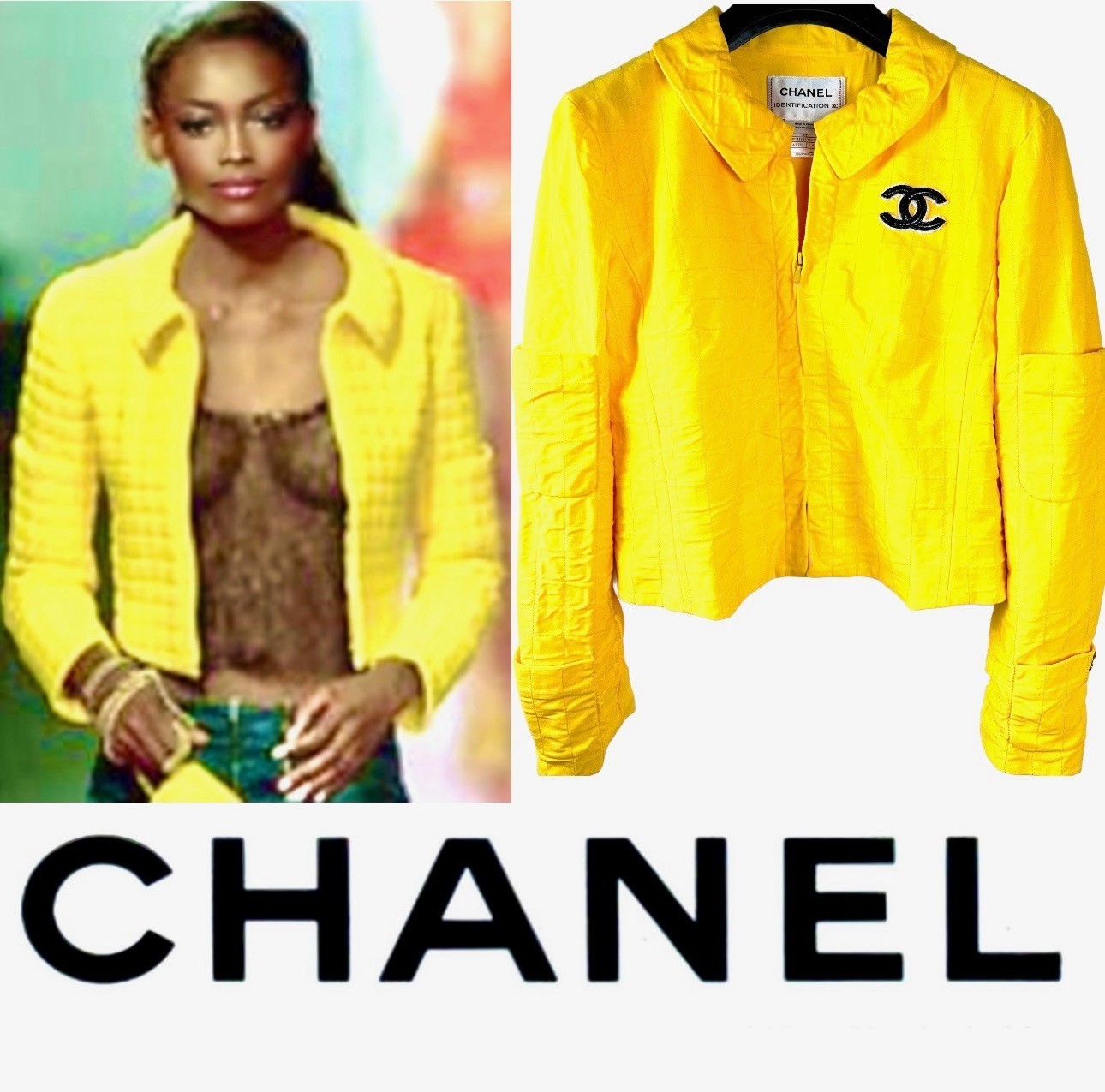 Chanel Vintage 2000 Yellow Jacket 36 38 40 4 6 8 Coat Top Black CC Op Taylor S M