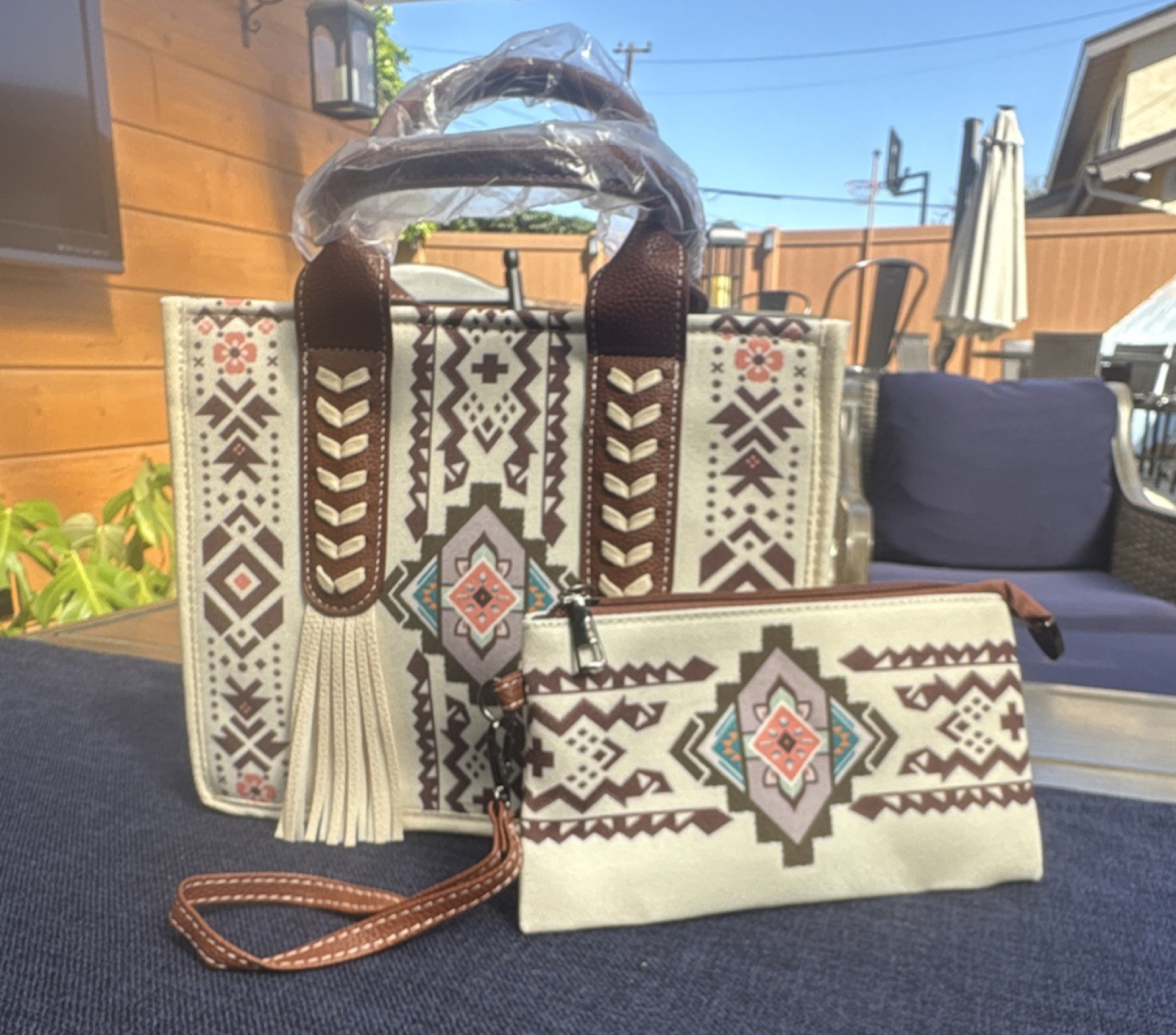 Geometric Aztec Pattern Tote Bag with Wristlet, Brown Handles, Ivory Pink Blue