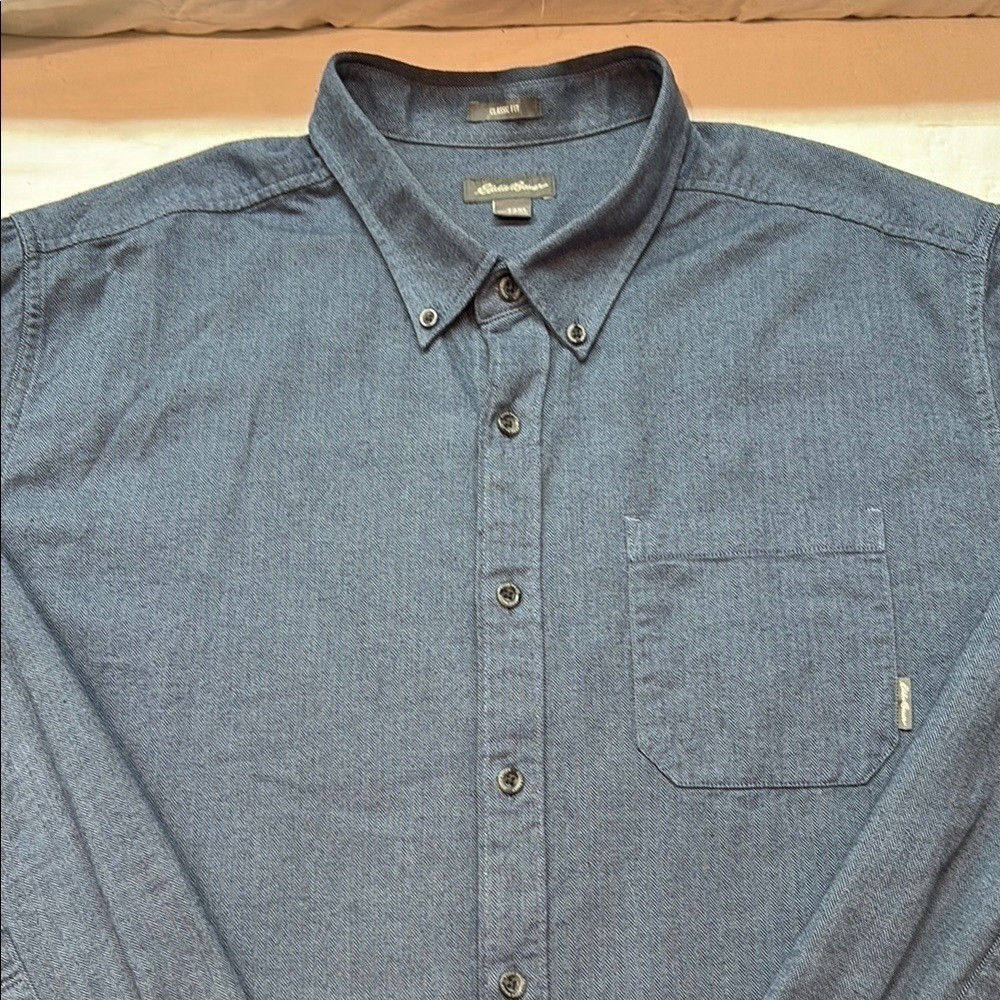 Eddie Bauer 3XL Blue Herringbone Cotton Button Down Shirt Classic Fit Long Slv