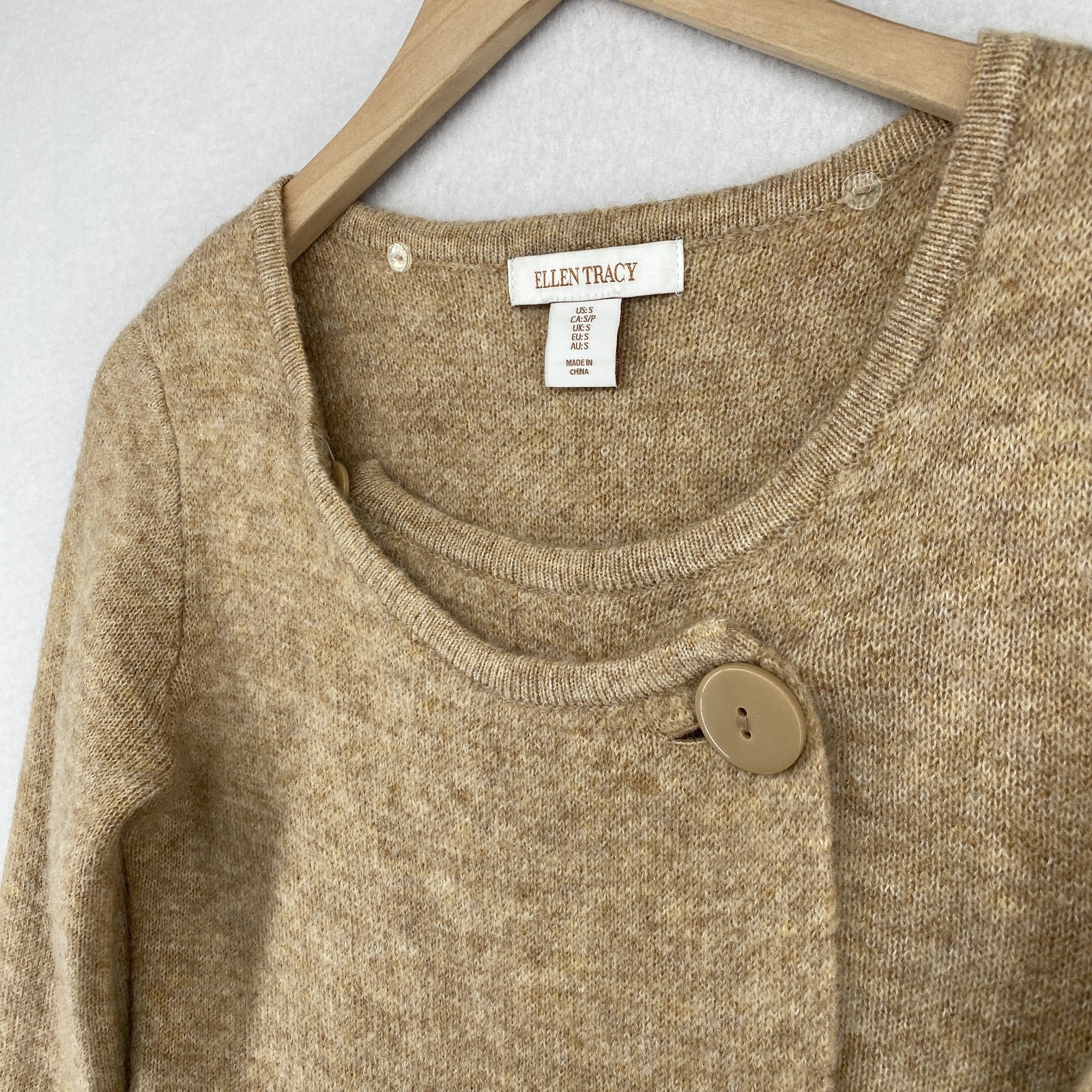 ELLEN TRACY Sweater S Wool Blend One Button Duster Coatigan Coatigan Camel Brown