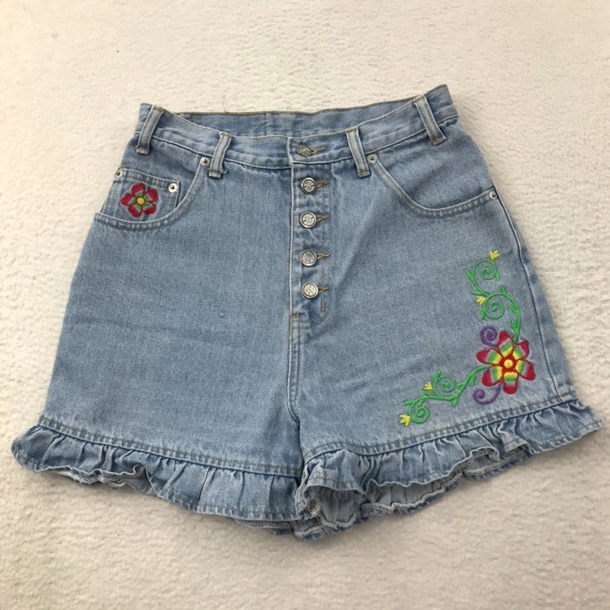 Vintage No Excuses Jean Shorts Women 7/8 Ramie Denim Ruffle Floral 90s Y2K Jorts