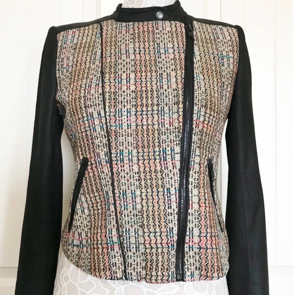 THEORY Scheli Black Leather and Tweed Biker Moto Jacket 4