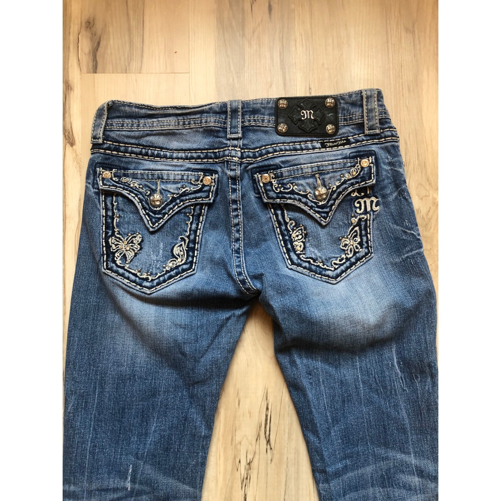 Miss Me JP5415B Bootcut Jeans Medium Wash Butterfly Embellished Flap Pocket 28