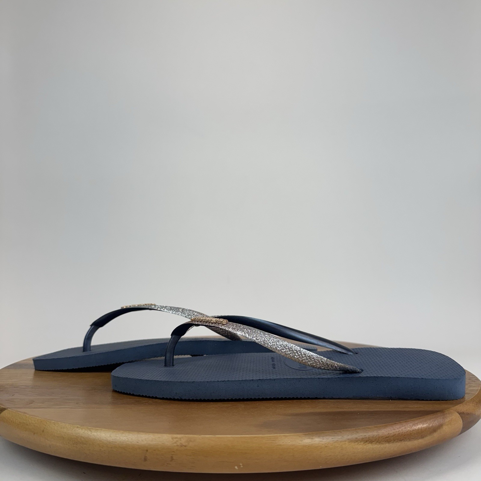 New Womens Havaianas Slim Square Blue Glitter Flip Flops Thong Sandals Size 11 M