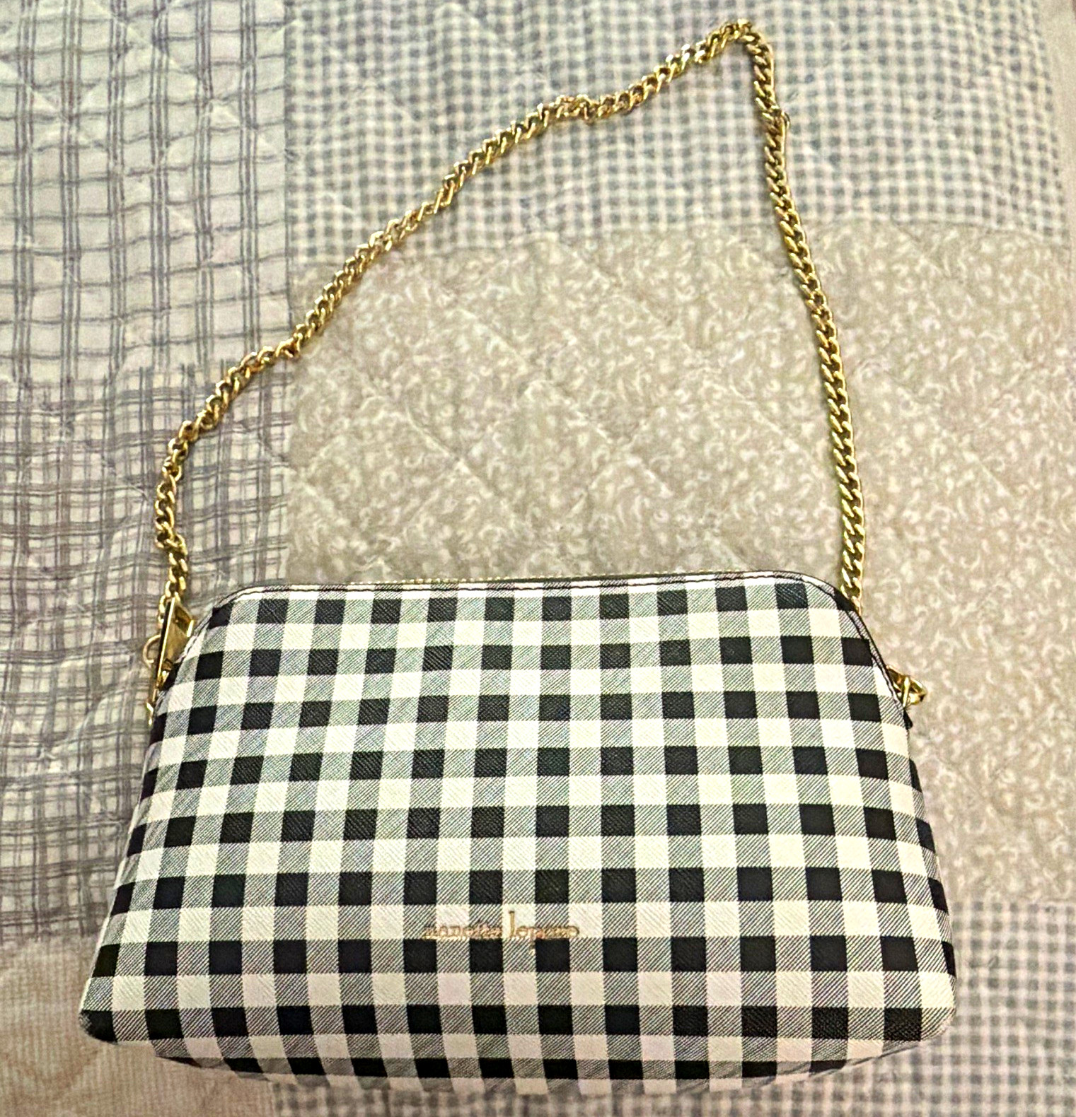 Nanette Lepore Black & White Gingham Zip Shoulder Bag Gold Chain Strap Purse