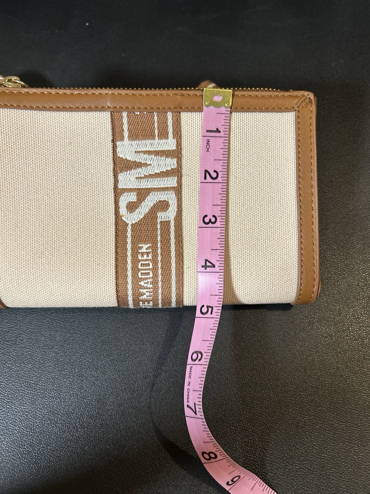 Steve Madden Bwebber Convertible Crossbody Clutch Bag Tan Canvas Logo Strap