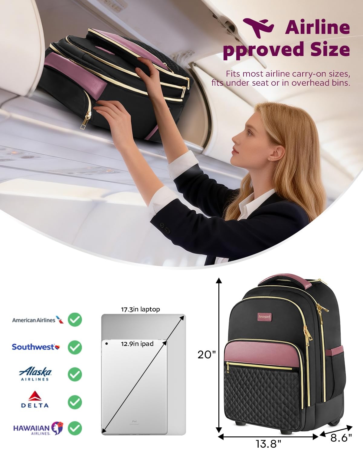 Arcoyard Rolling Backpack, 17 Inch Laptop With Wheels for Women, Black Purple