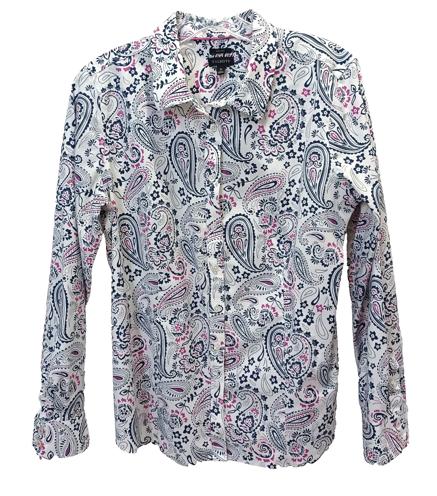 Talbots Women’s 12 No Iron Paisley Button Up Top 97% Cotton 3% Spandex Lng Slv
