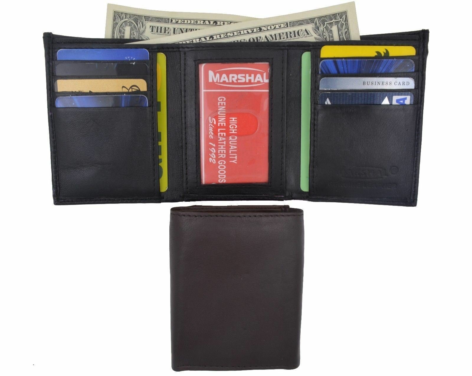 Men’s Genuine Leather Trifold Wallet Black Brown 8 Credit Card slots ID window