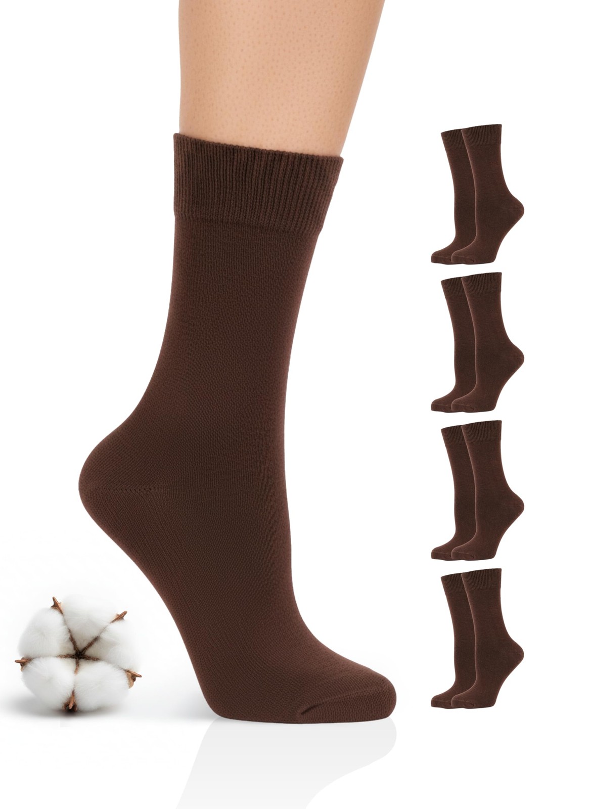 Hugh Ugoli Women’s Cotton Crew Socks | Plain Color, 6-9, 13- Brown (4 Pairs)