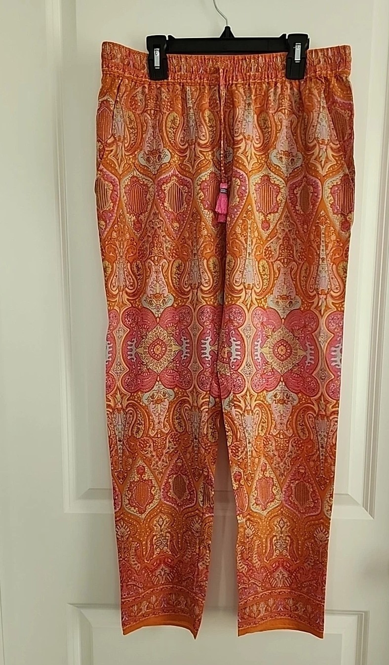 Calypso St Barth Womens Talmadge Pants Size M Orange Pink Silk Stretch Ankle