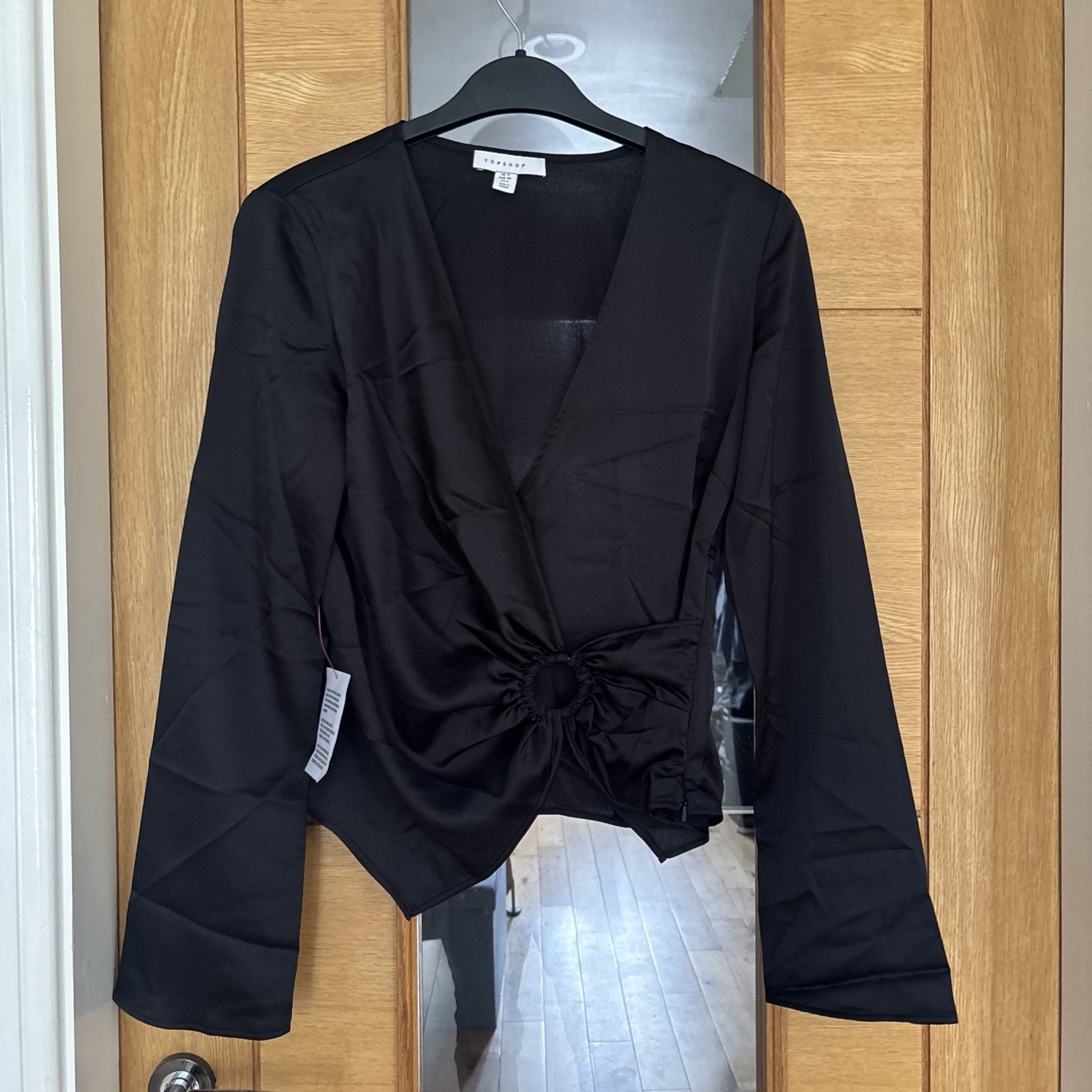 Topshop Women’s Faux Silk Wrap Top, Black, Size 6.