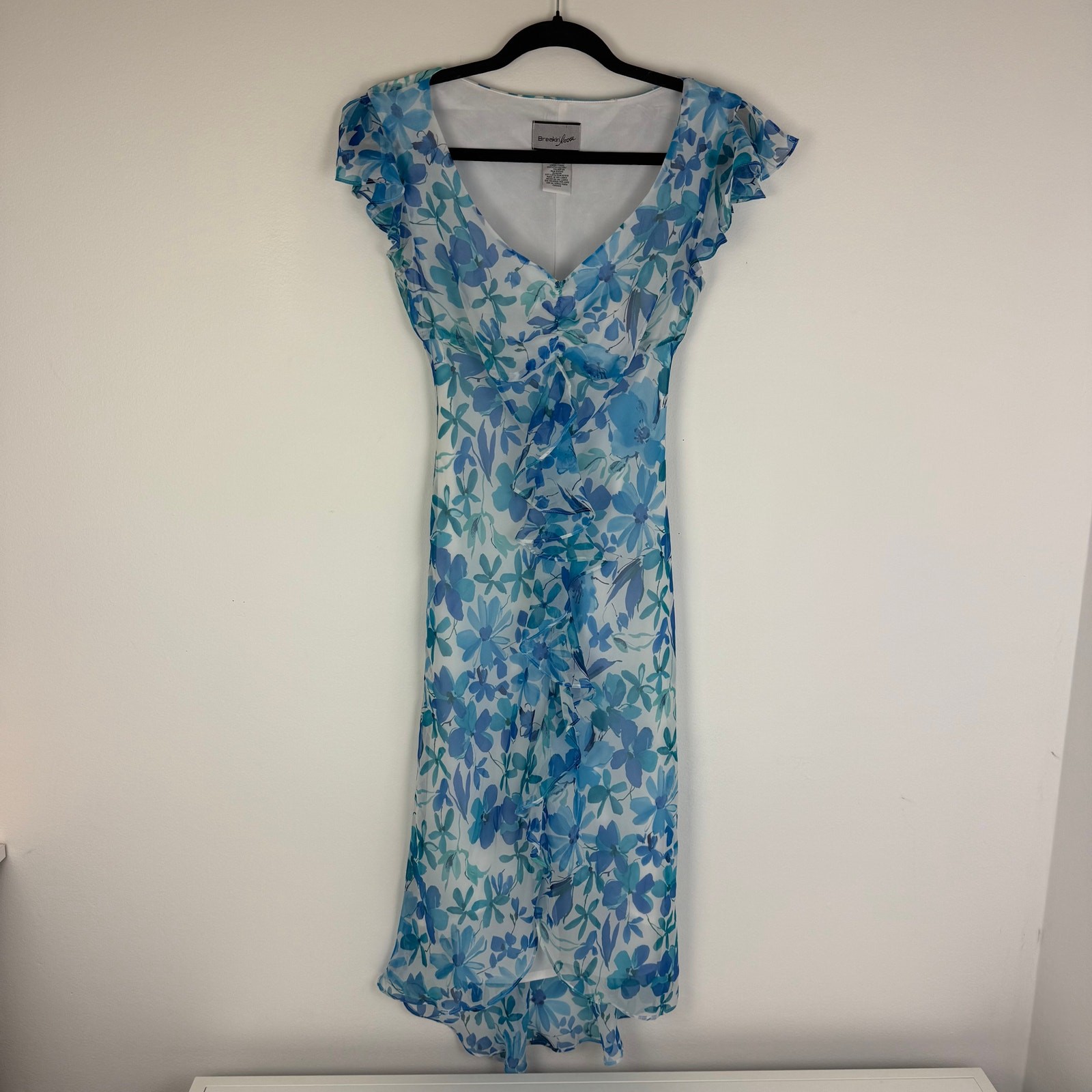 Vintage Breakin’ Loose Womens Y2K 90s Short Flutter Sleeve Floral Blue Dress 7/8