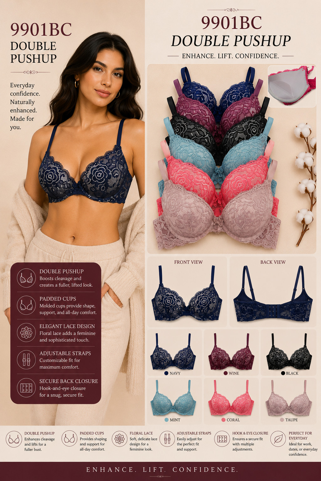 EXTREME DOUBLE PUSH UP Add 2 Cup Sizes Push Up Bra Padded FREE RETURN 1,3 or 6pc
