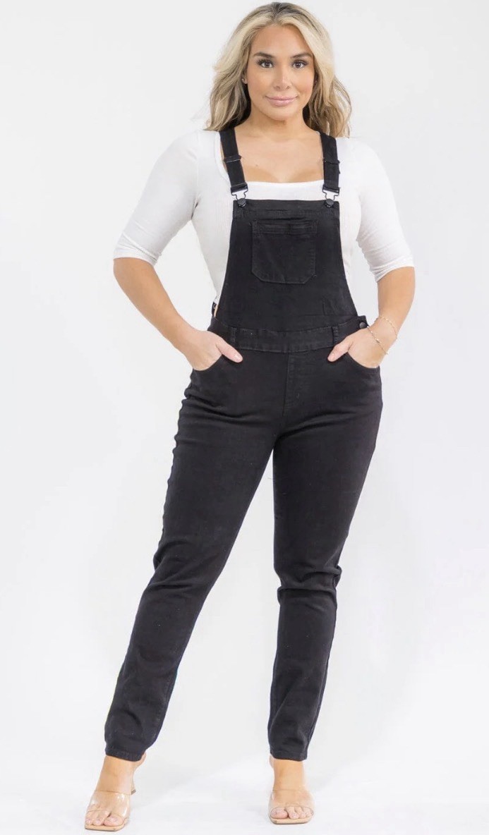 Nina Rossi Plus 1X Black Denim Overall One-Piece Jumpsuit Pockets NWT