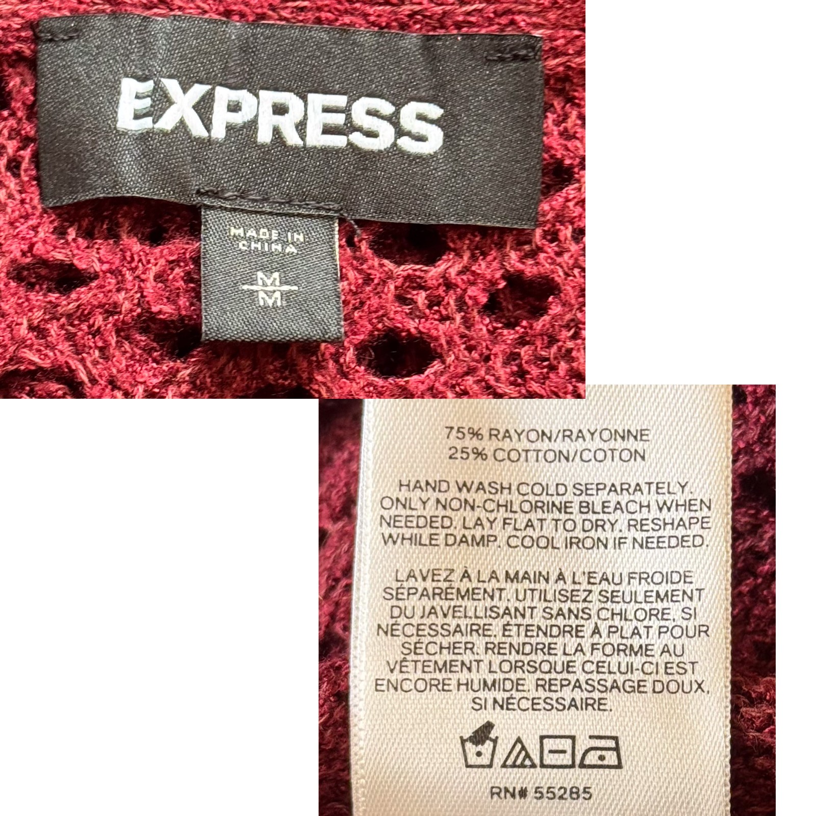 Express Women’s Medium Open Knit Burgundy Red Long Sleeve Sweater