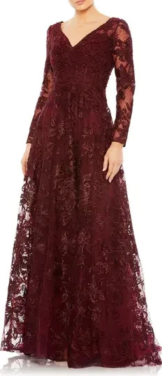 Mac Duggal Mahogany Burgundy Beaded Floral Embroidered Long Sleeve Gown 18 $798