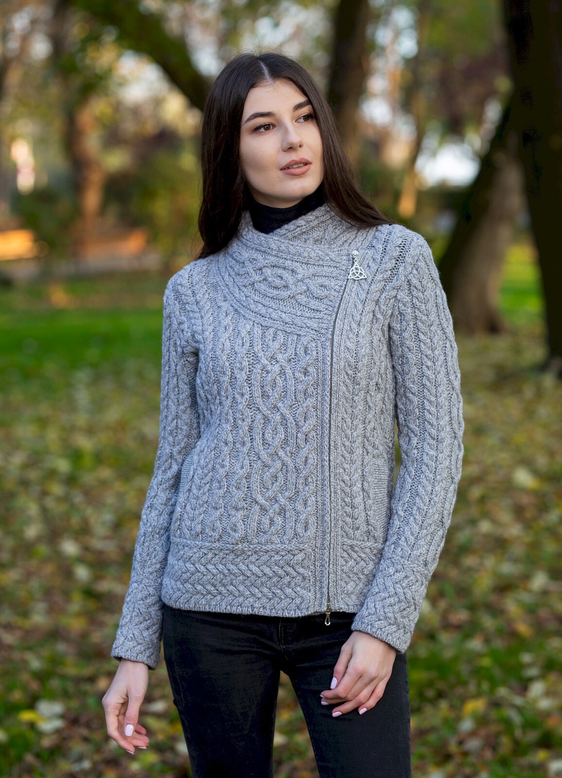 SAOL Cable Knitted Cardigan Women’s 100% Merino Wool Irish Aran Zipper Jacket