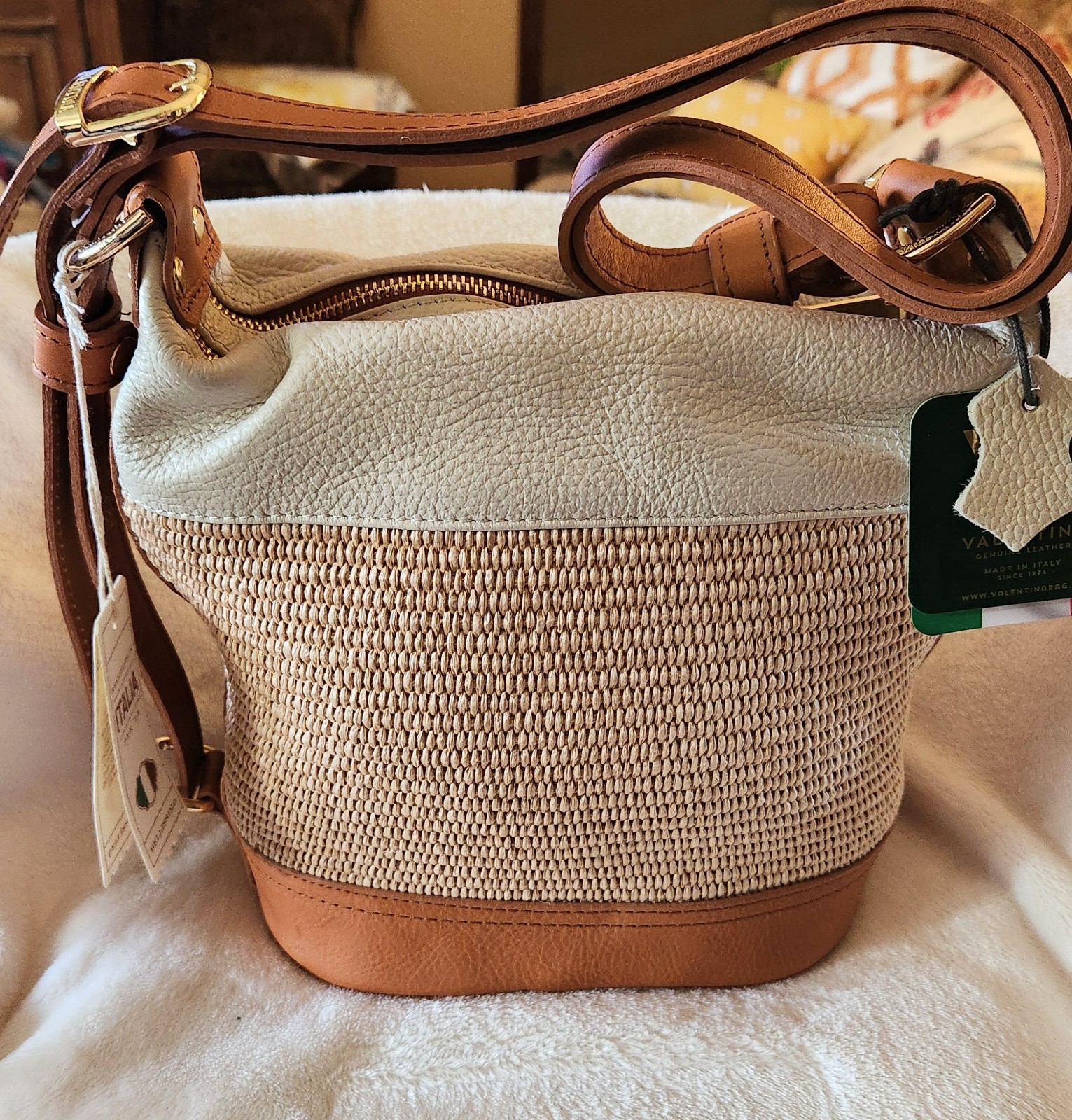 Valentina Italian Raffia & Leather Bucket Bag Latte & Cognac Trim NWT