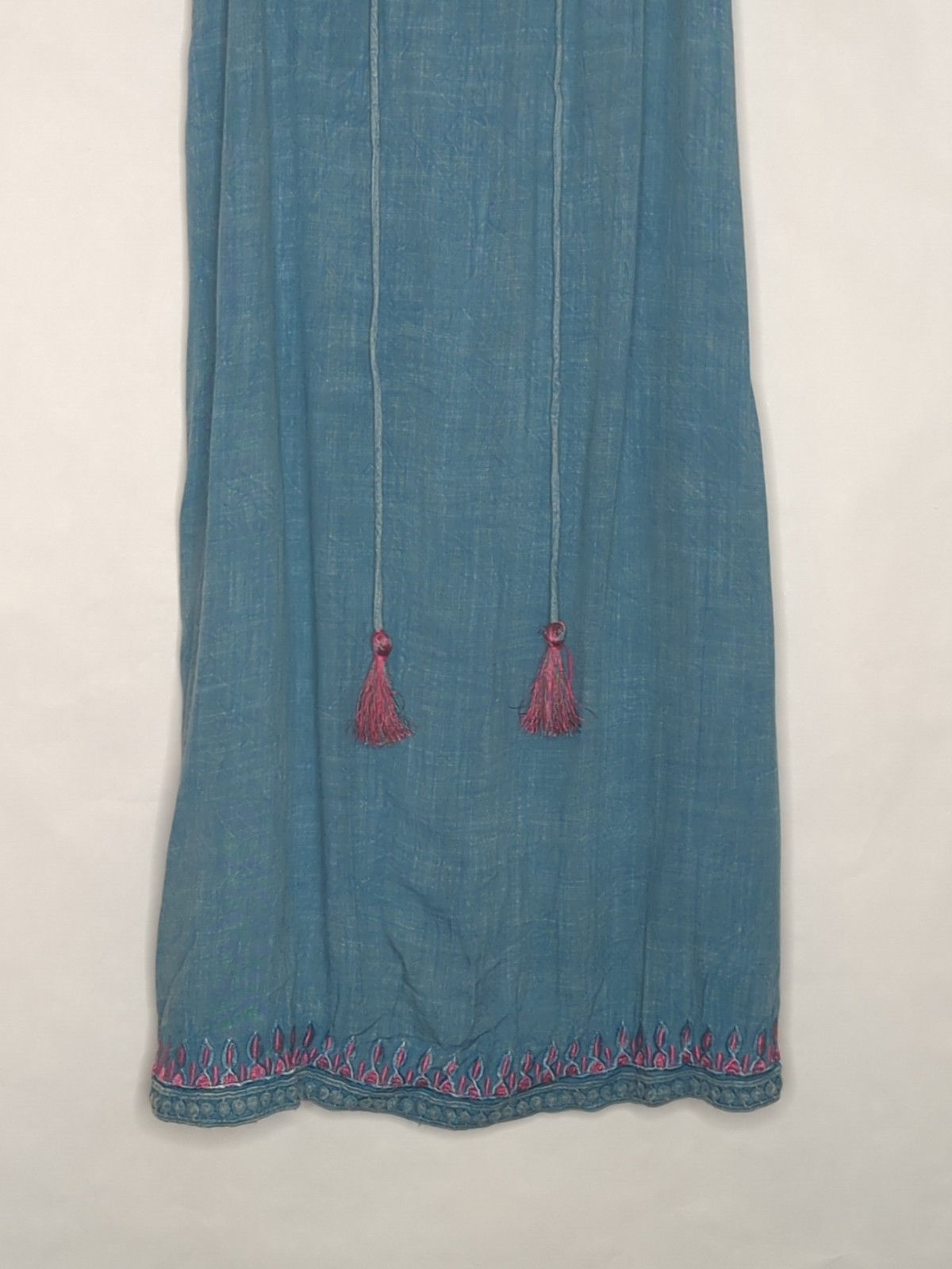 Raya Sun Dress Sz Small Boho Embroidered Shift Blue Festival Coastal Tassels Fun