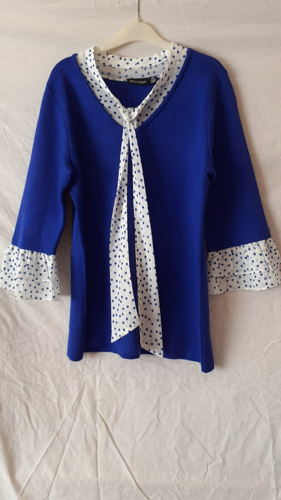 Ladies Blue Long Sleeved 2 In 1 Top With White Trim. Size 16-18. Nina Leonard.