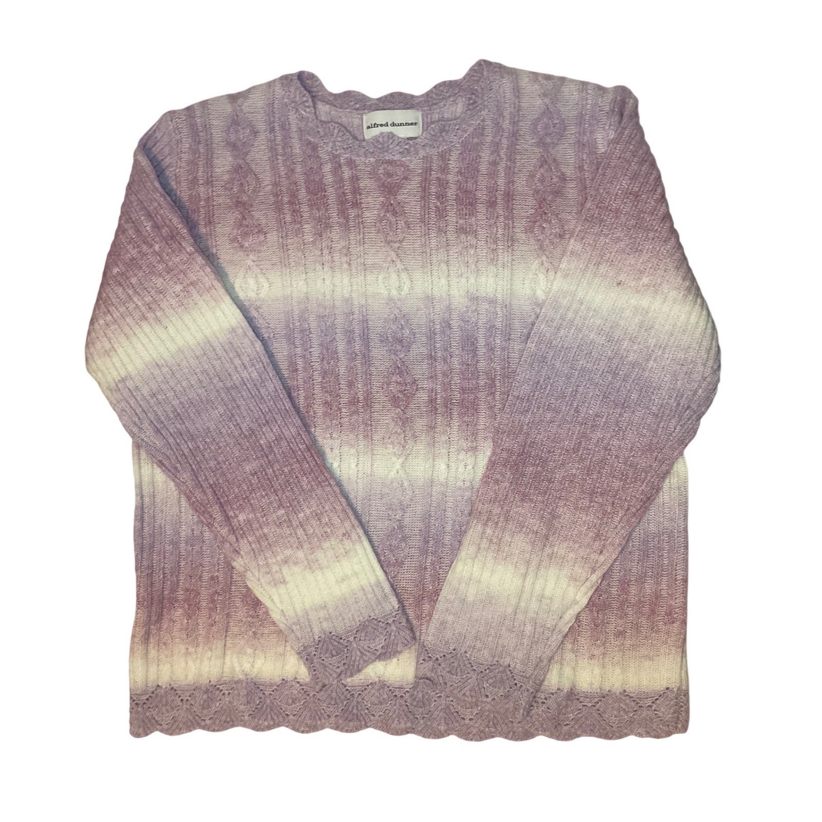 Alfred Dunner Womens Large Purple Ombre Cable Knit Scalloped Crewneck Sweater