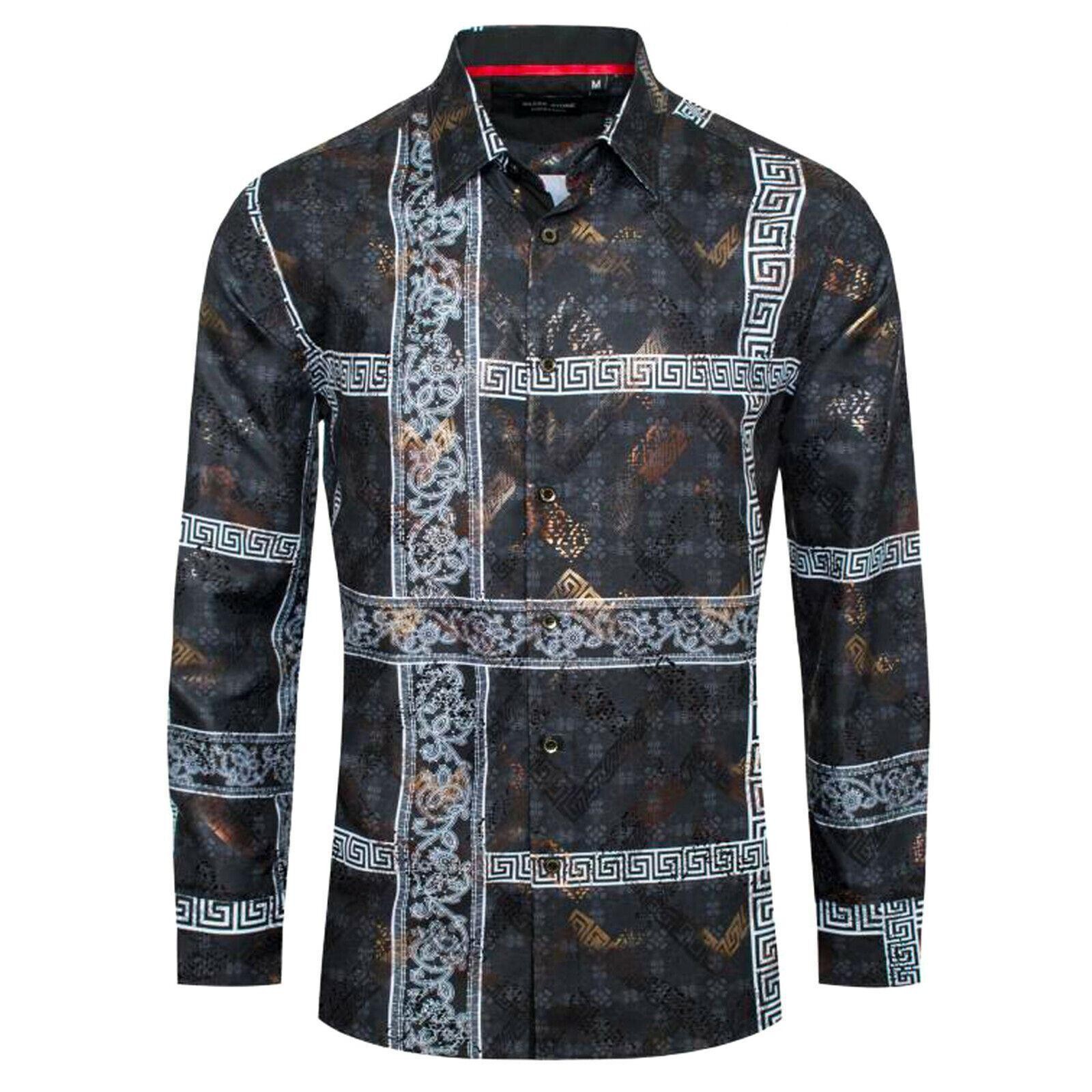 Mens Shirt Italian Stripe Floral Prints Gold Overlay Stretch Slim Fit Button Up
