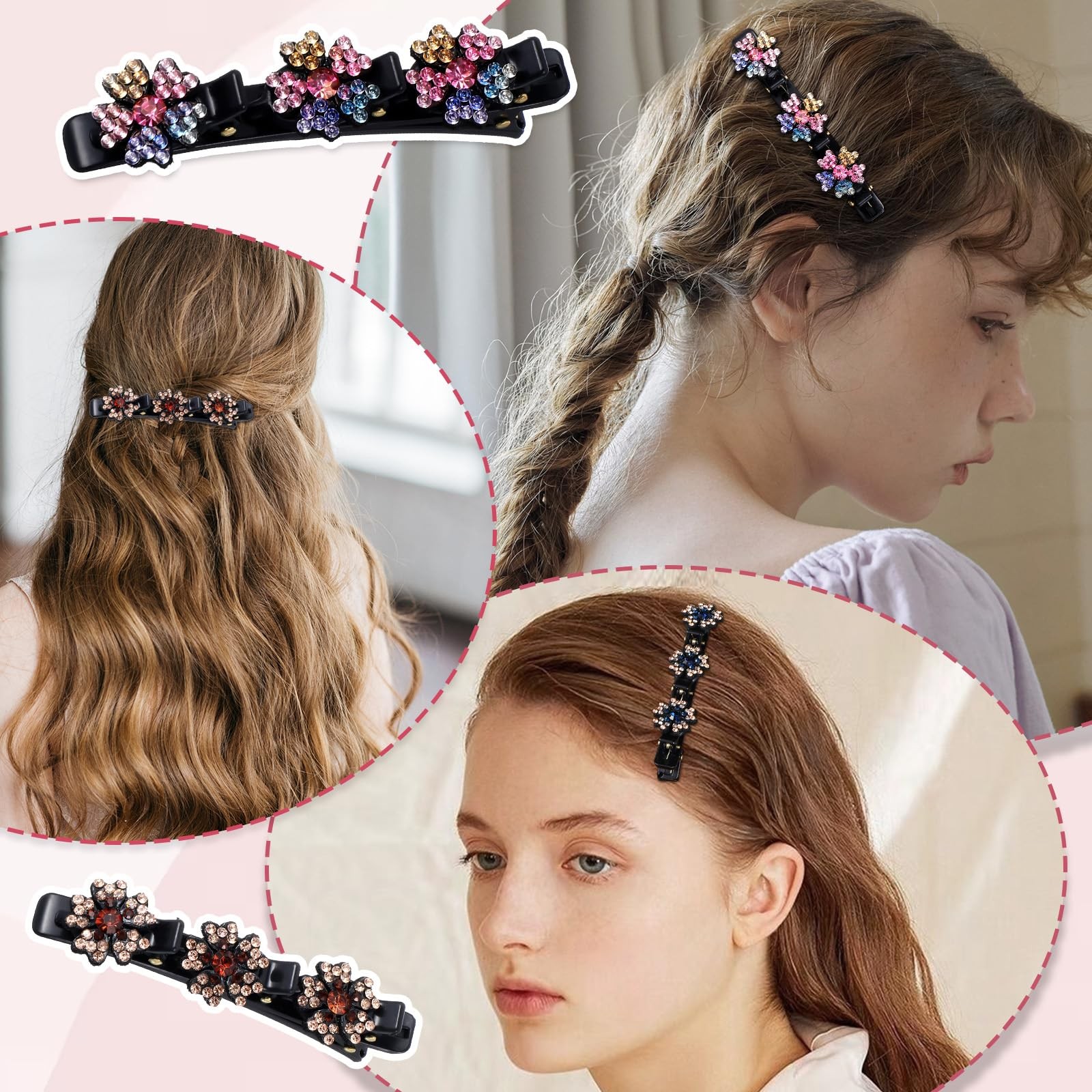 4PCS Sparkling Crystal Stone Braided Hair Clips with 3 Small Clips