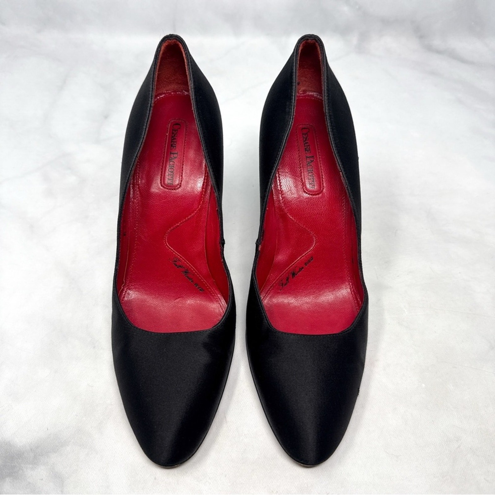 Cesare Paciotti Vintage 2005 Y2K Silk Satin Mid Height Pump Heels Black Gothic