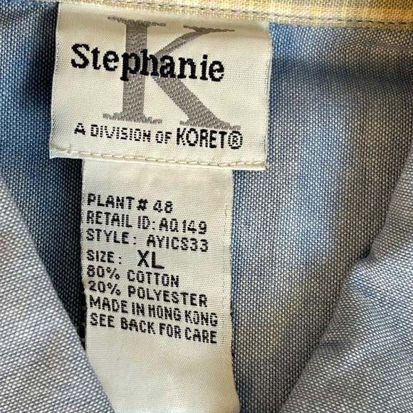 Stephanie K blue diamond pattern button-up embroidered flowers, butterflies XL