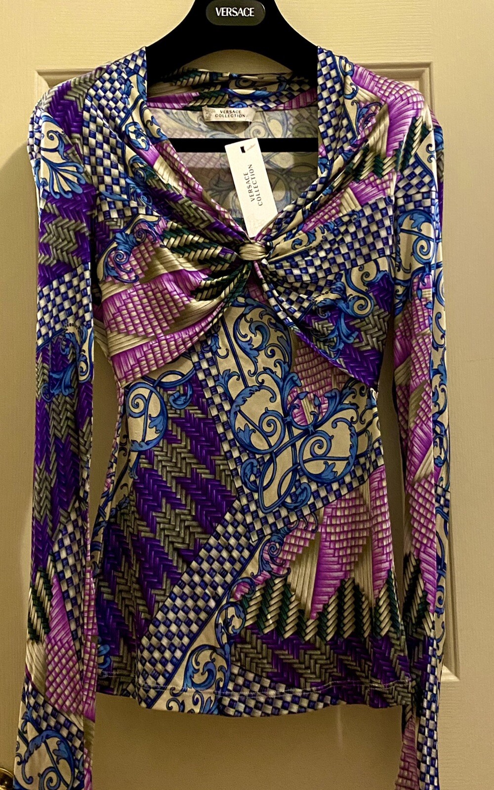 Versace 2019 Blue Purple Medusa Print Top 36 38 0 2 Shirt Blouse Gift Bag XS S