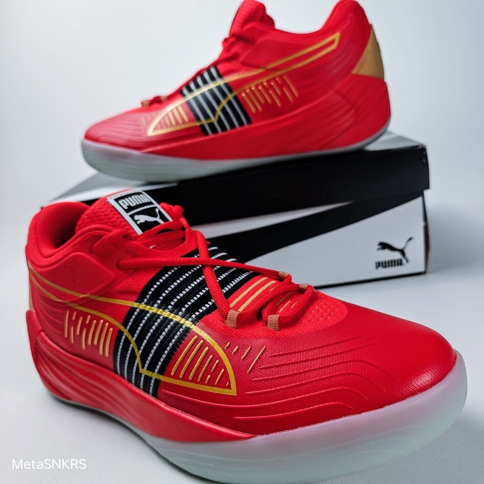Puma US 11.5 Men’s Red Black Gold Basketball Light Fusion Nitro 195587 04 NIB