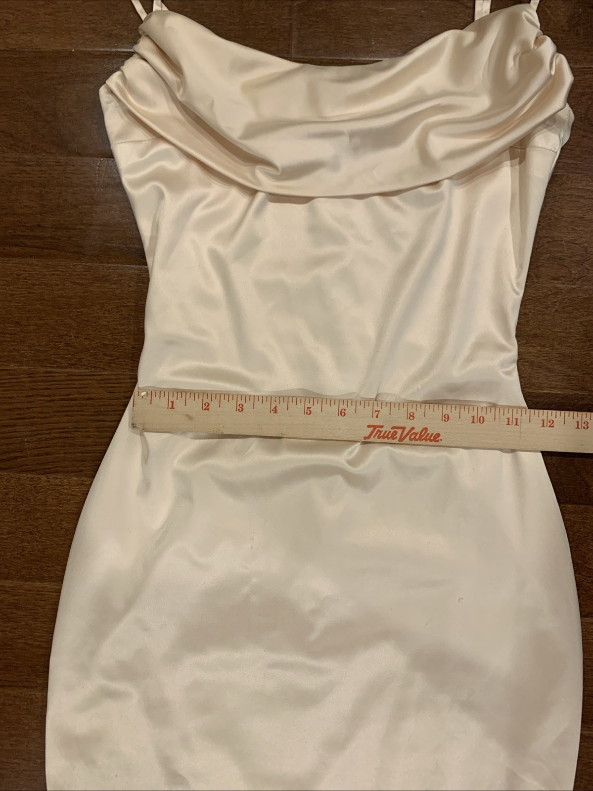 Oh Polly Champagne Stretch Satin Mini Slip Dress Straps Cowl Drape Zip US 4 UK 8