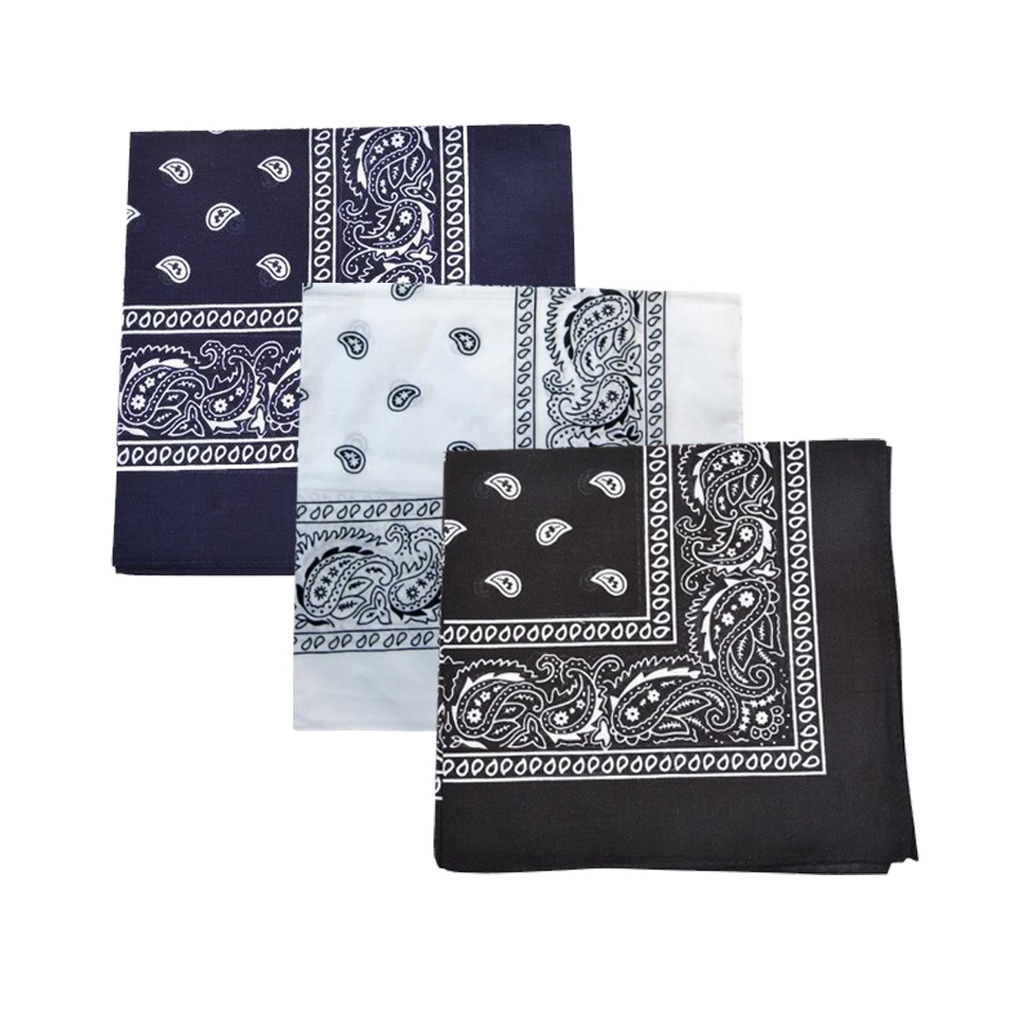 Mechaly Paisley 100% Cotton Bandanas – 3 Pack (3 Mixed (Black/Blue/White))