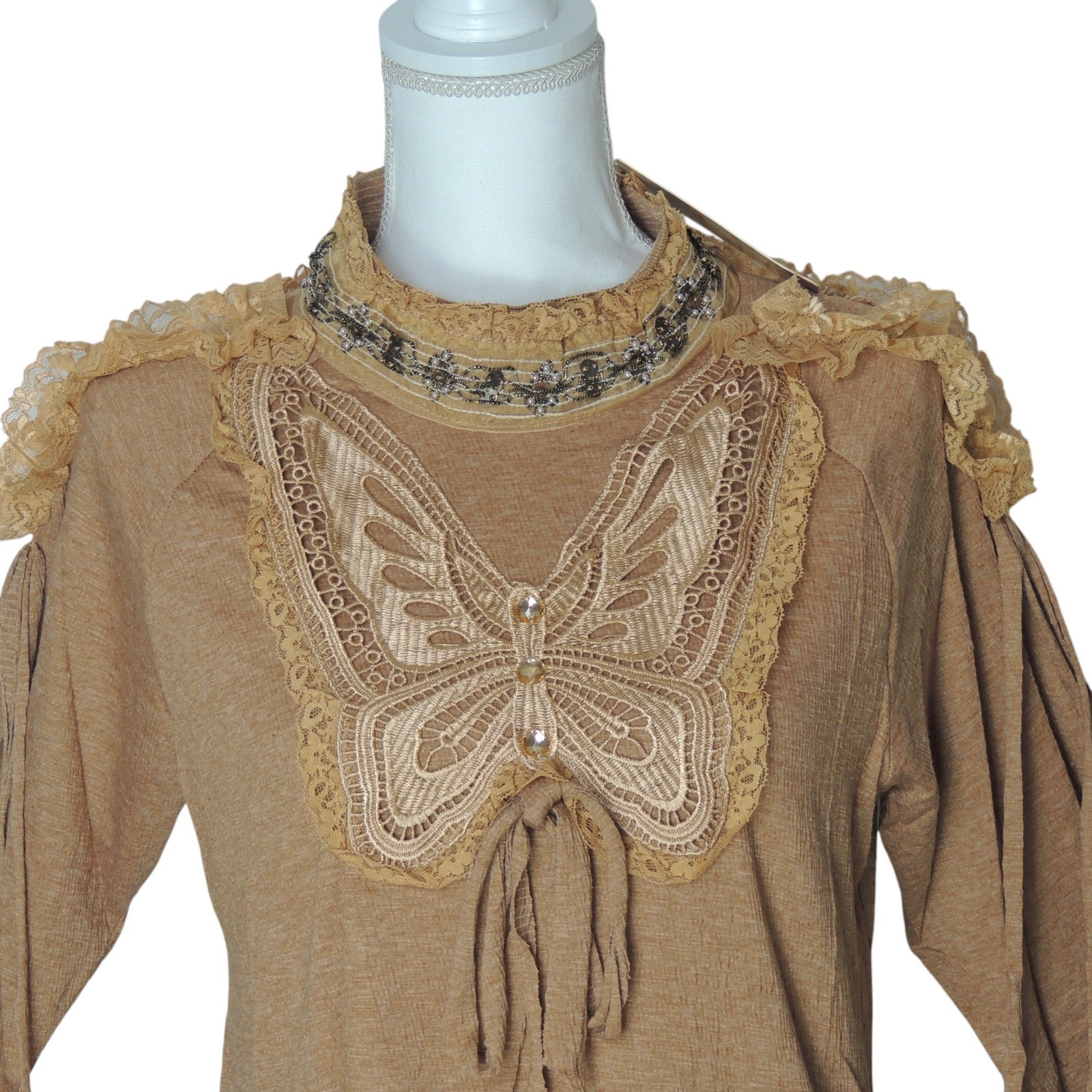 Pretty Angel Top Long Sleeve Butterfly Tunic With Lace Beaded Accents Brown S