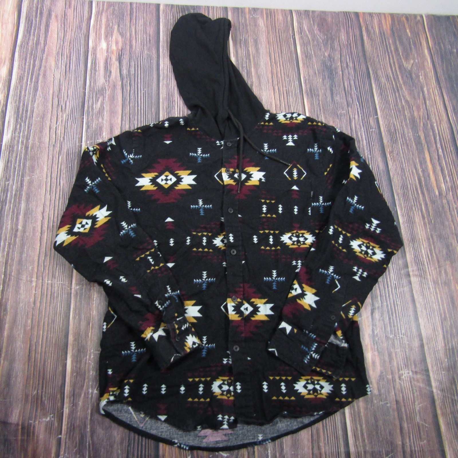 WXYZ MFG CO Hooded Flannel Shirt Mens Medium Black Southwestern Aztec Pattern