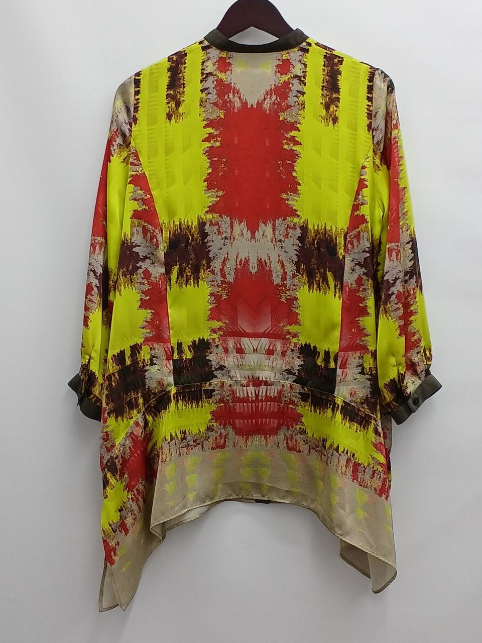Gradient Check Satin Long Shirt Yellow M 75cm Style Casual Office
