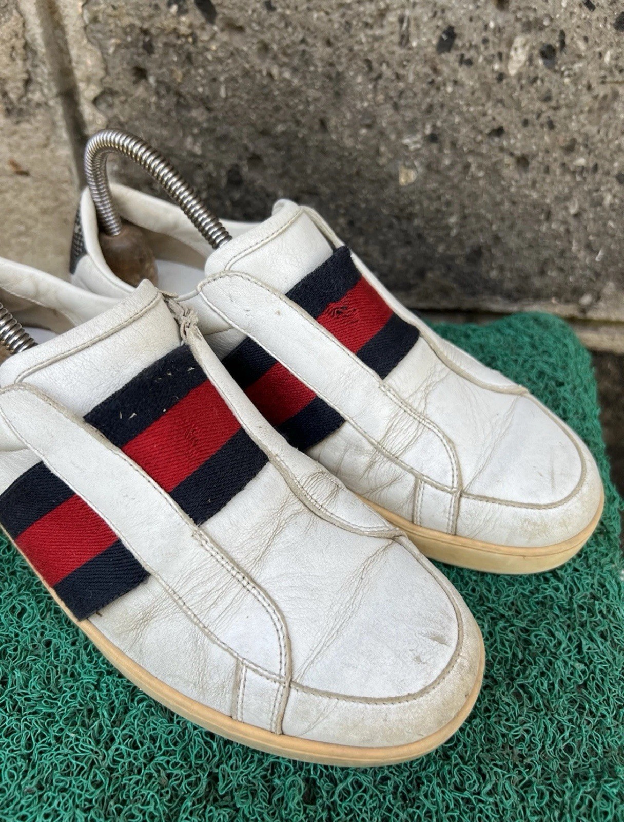 Gucci White 322749 Men’s Leather Slip-on with Web Sneakers U.S 6