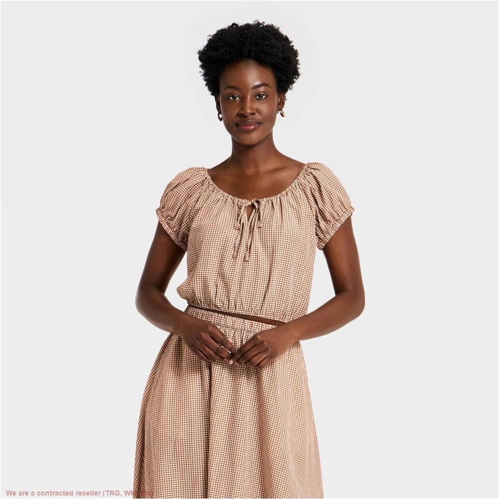 Women’s Short Puff Sleeve Tie Top – A New Day Brown Gingham L *SEE DEAL!!!*
