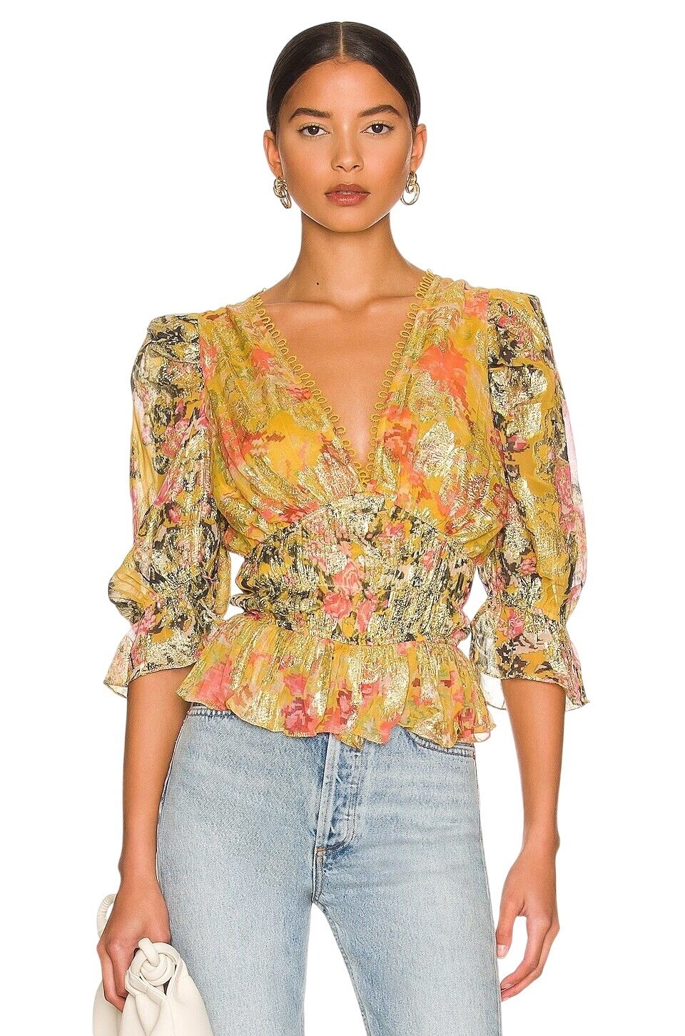 HEMANT AND NANDITA Nova Bodysuit in Mustard Multi X-Small New Womens Blouse Top