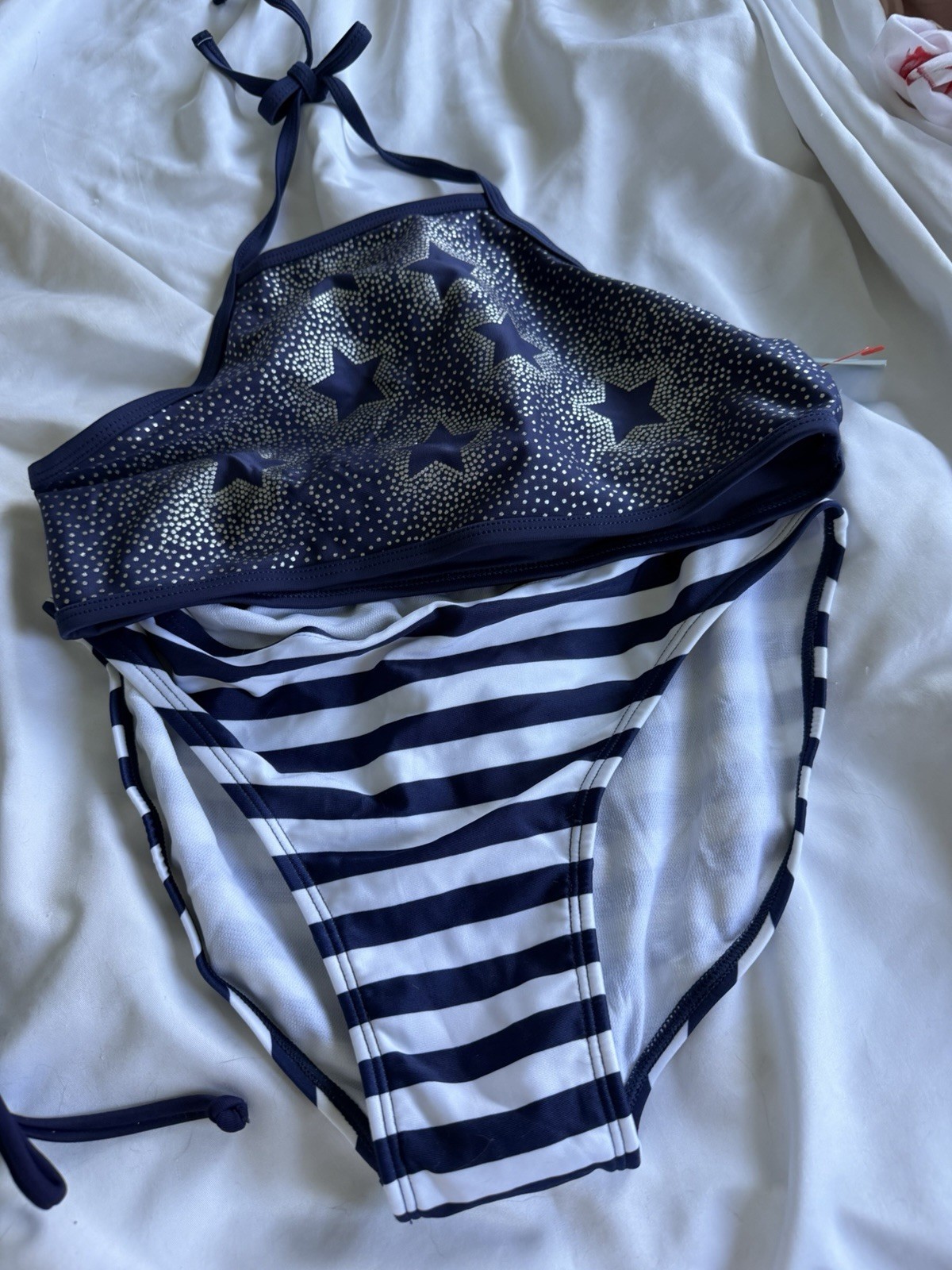 Cat & Jack 2-Piece Bikini Swimsuit Set XL (14/16) Blue/White Stars Stripe Halter