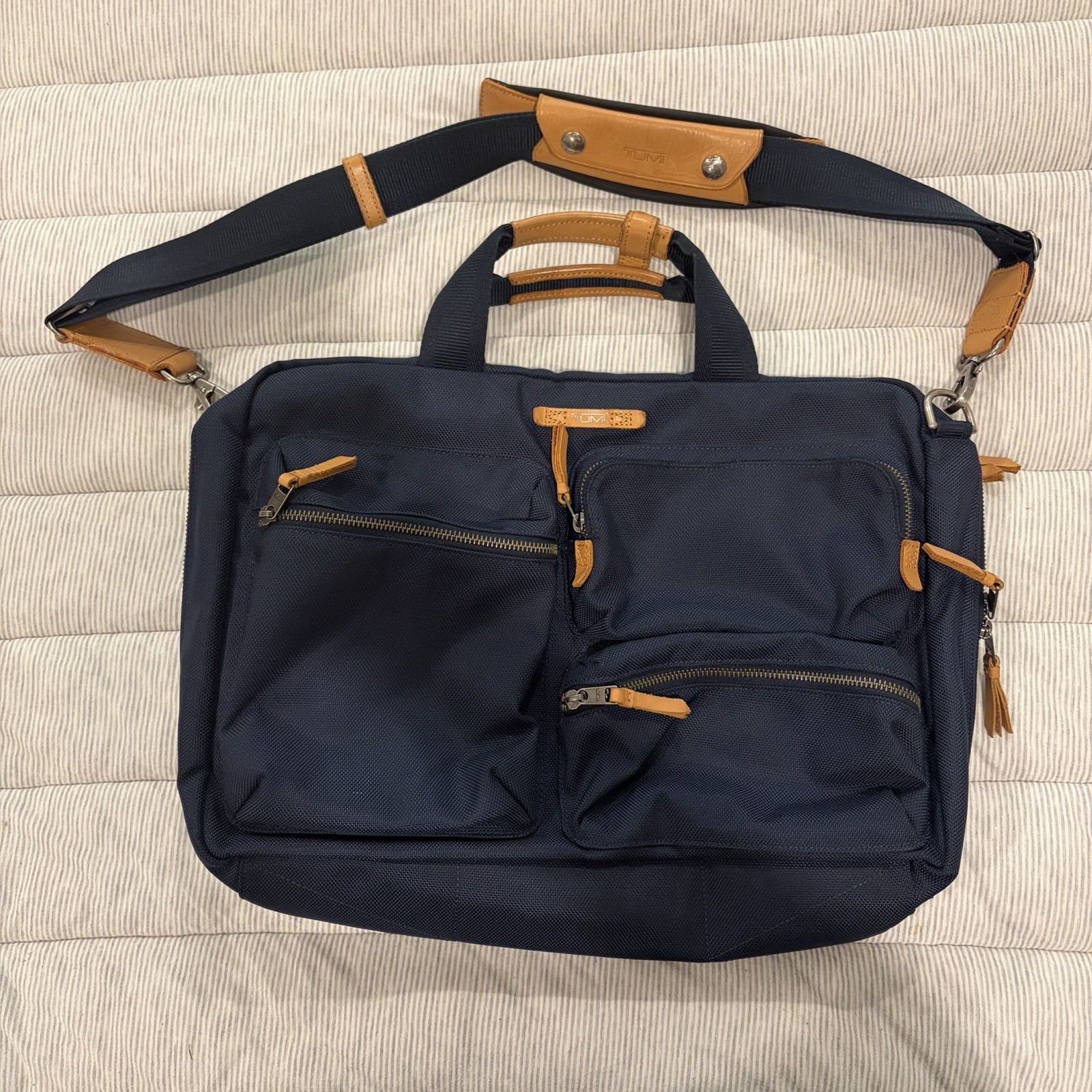TUMI Alpha Navy Tan Men’s Briefcase Adjustable Strap Multiple Compartments