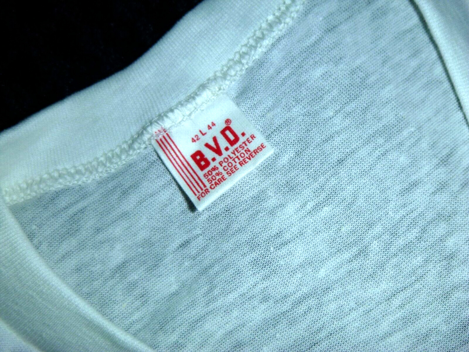 Vtg 70s BVD V-Neck WHITE T-Shirt Undershirt Single Stitch 50/50 Poly Cotton Sz L