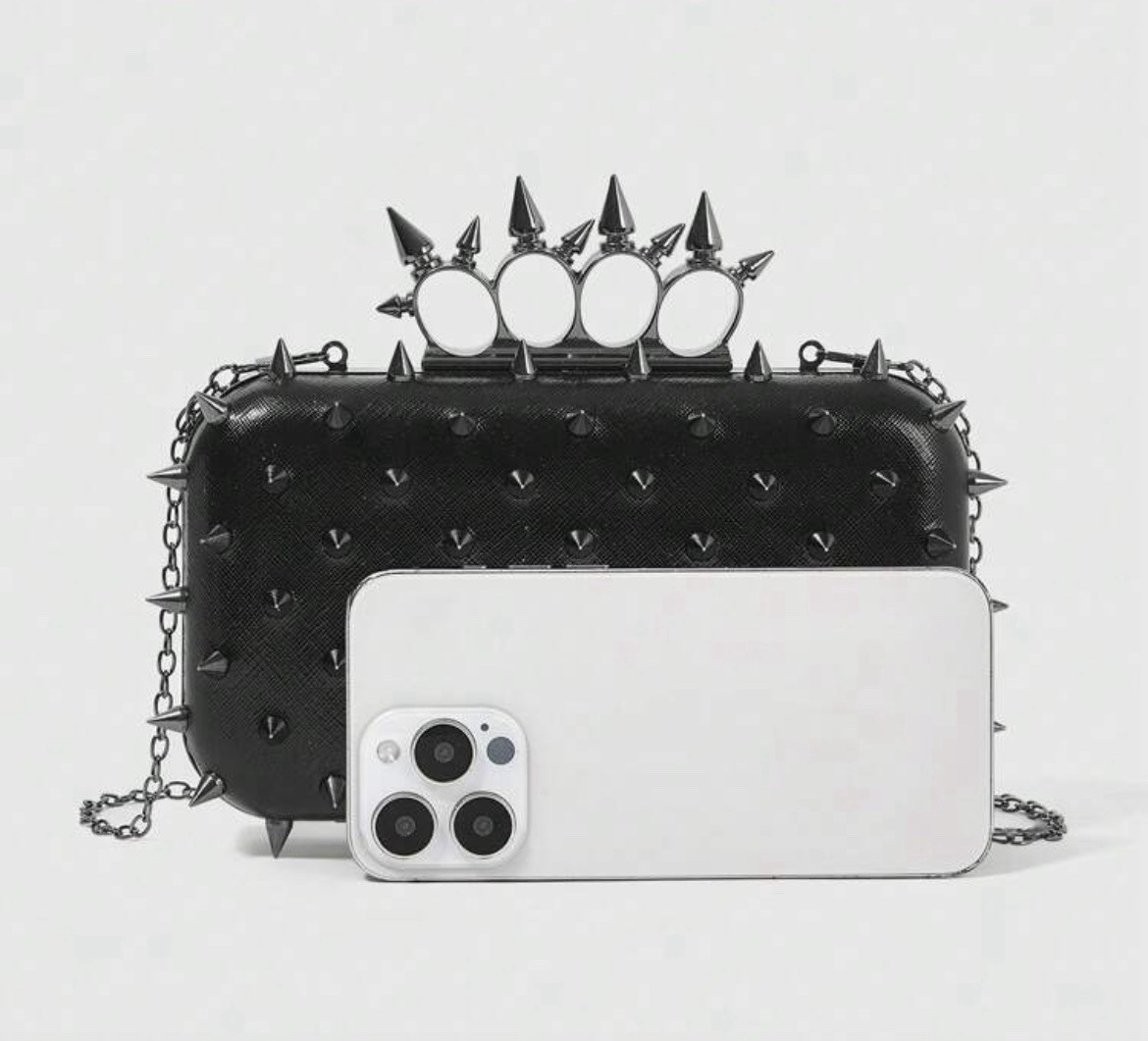 Black Spike Knuckle Ring Studded Clutch Punk Biker Bag Purse Goth
