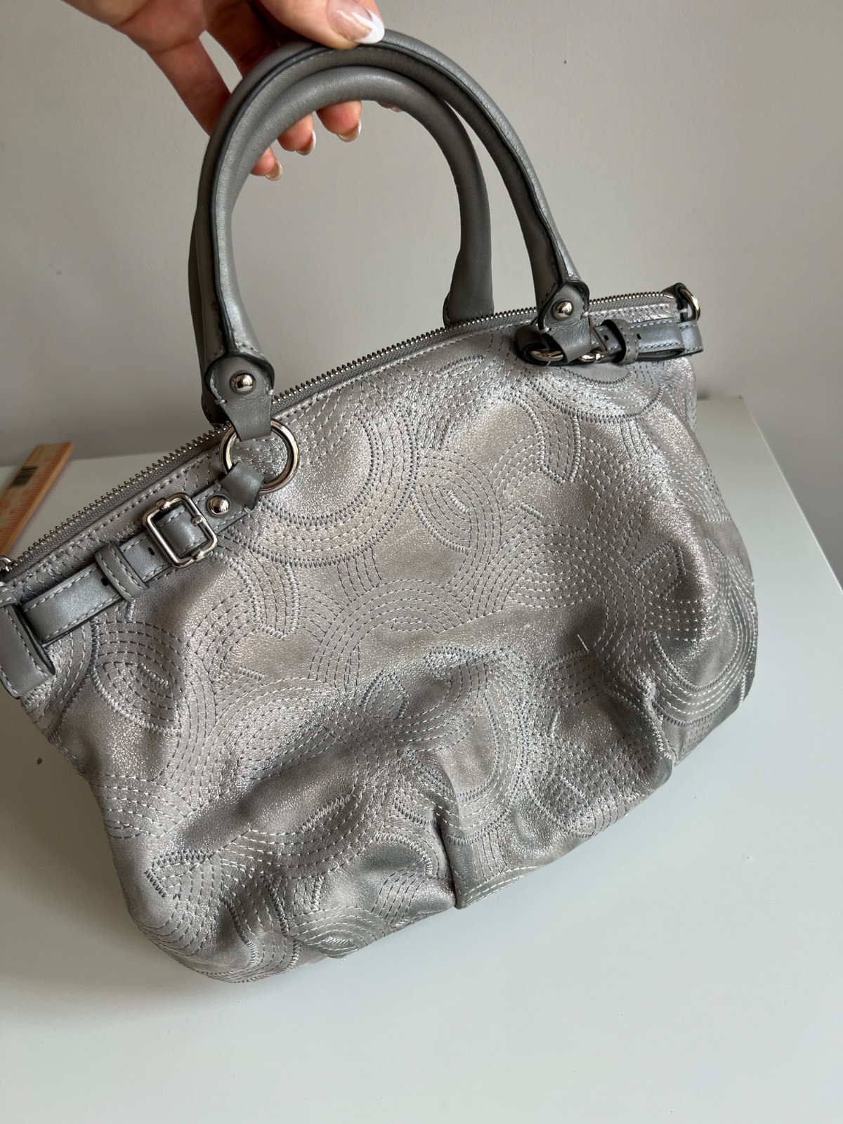 Coach 18624 Madison Sophia Stitched OpArt Satchel Handbag Satin Silver Metallic