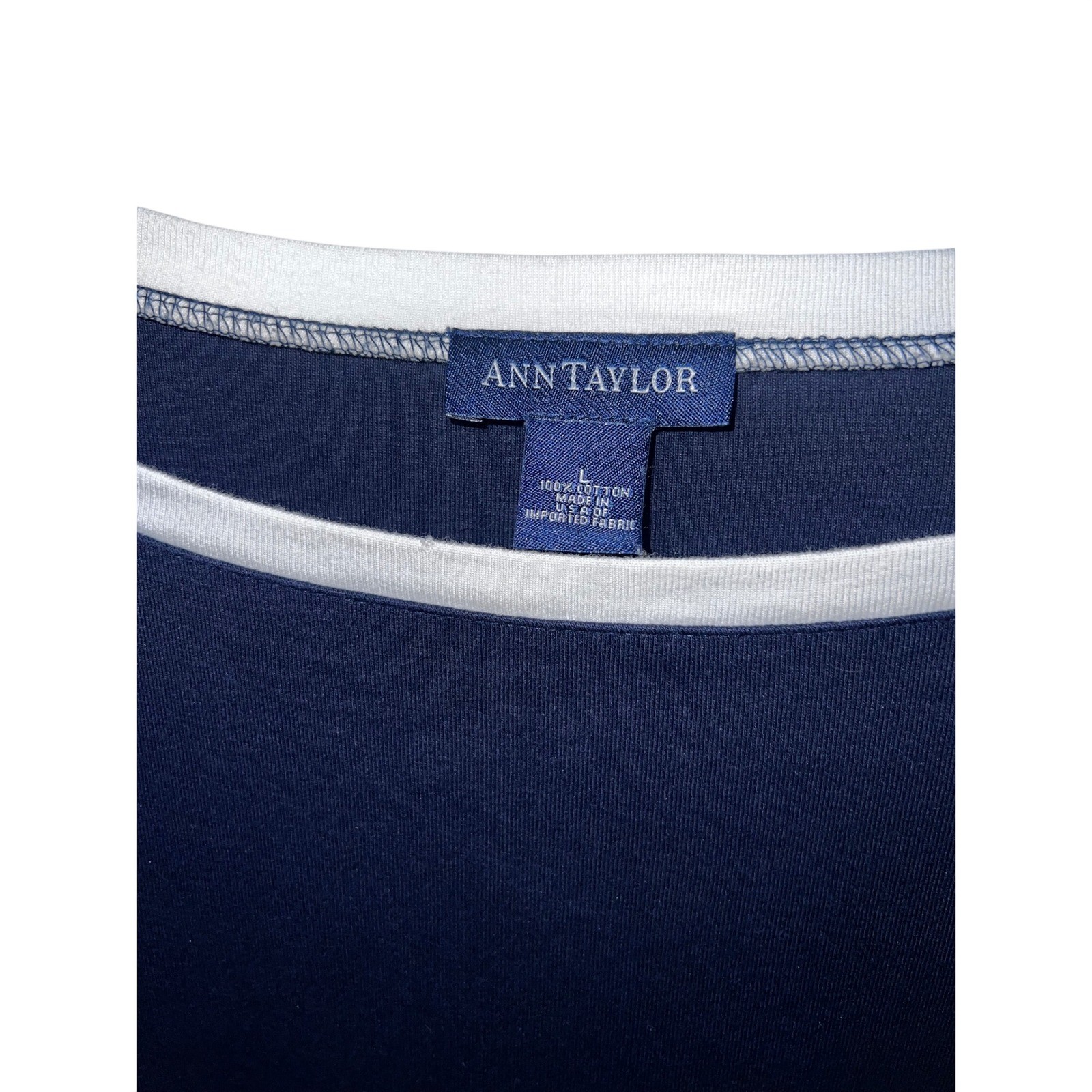 Vintage Ann Taylor Nautical Navy Blue 3/4 Sleeve Boat Neck Contrast Trim- Large