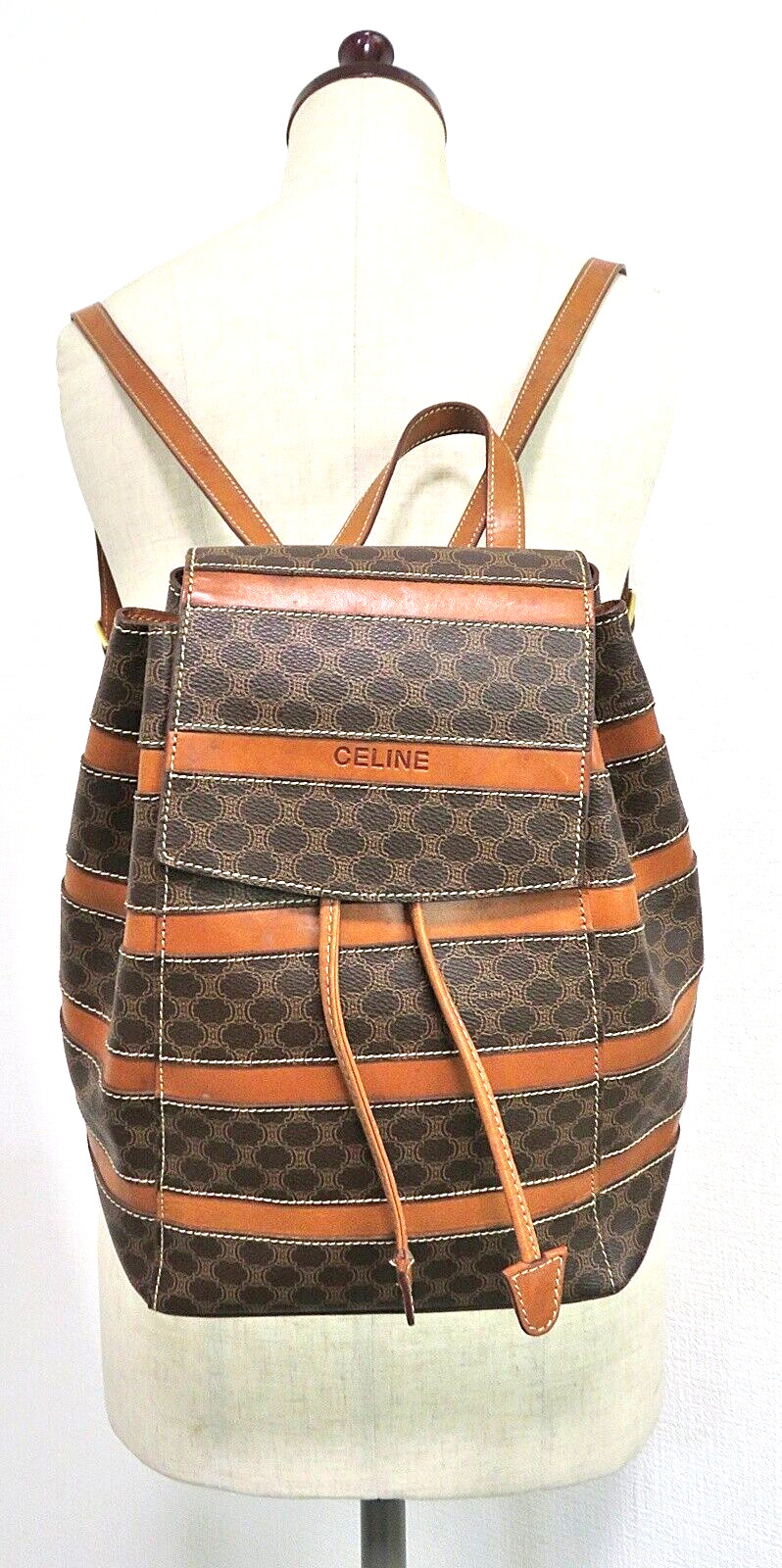 Auth CELINE Brown Macadam PVC Canvas and Leather Backpack Bag Purse #60256
