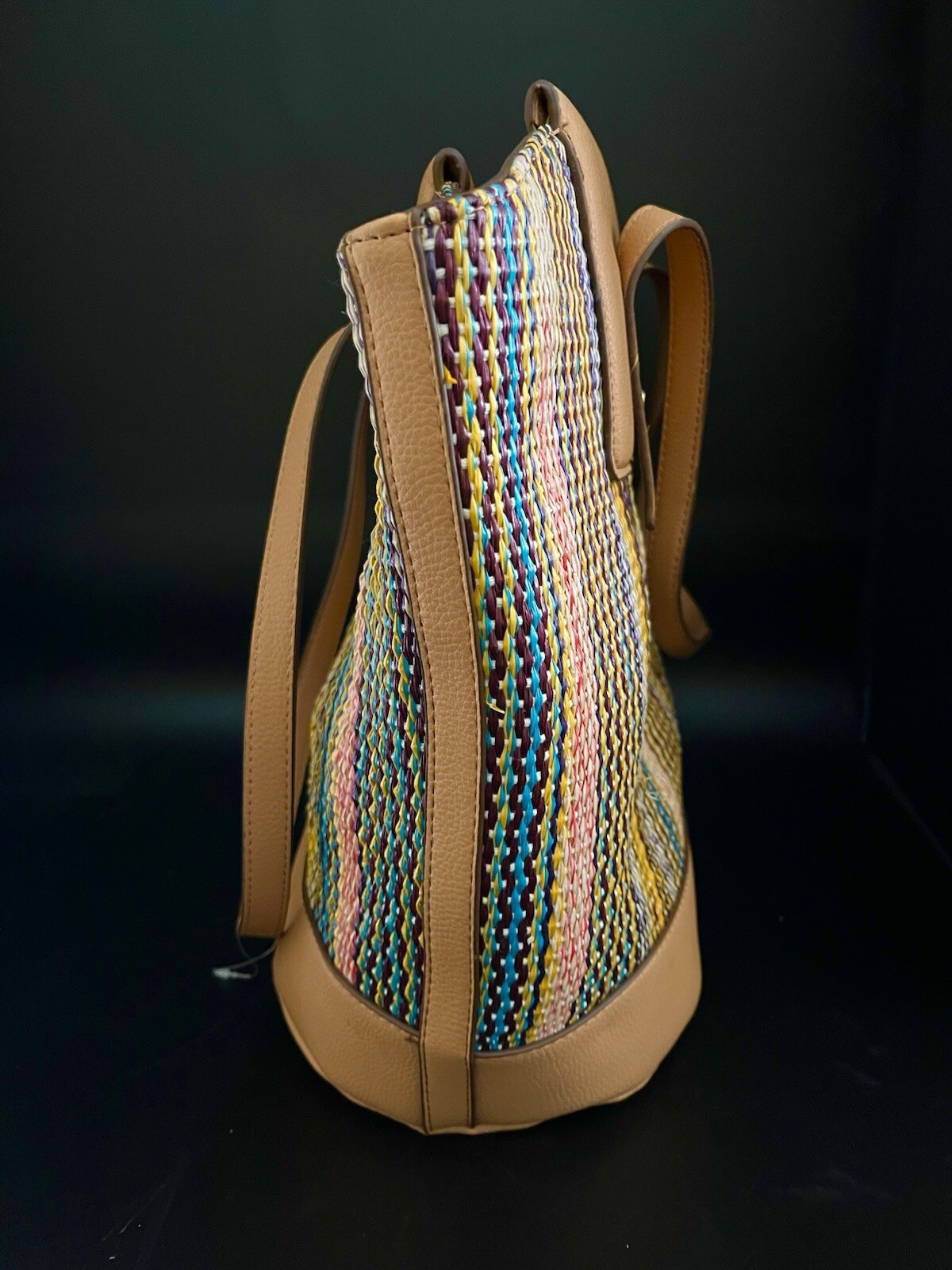 NEW Anne Klein Large Woven Multicolor Camel Curved Tote with Pouch 12.5 x 16 in.