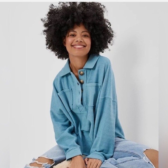 American Eagle Pullover Sweatshirt Womens XS Herringbone Henley Oversized