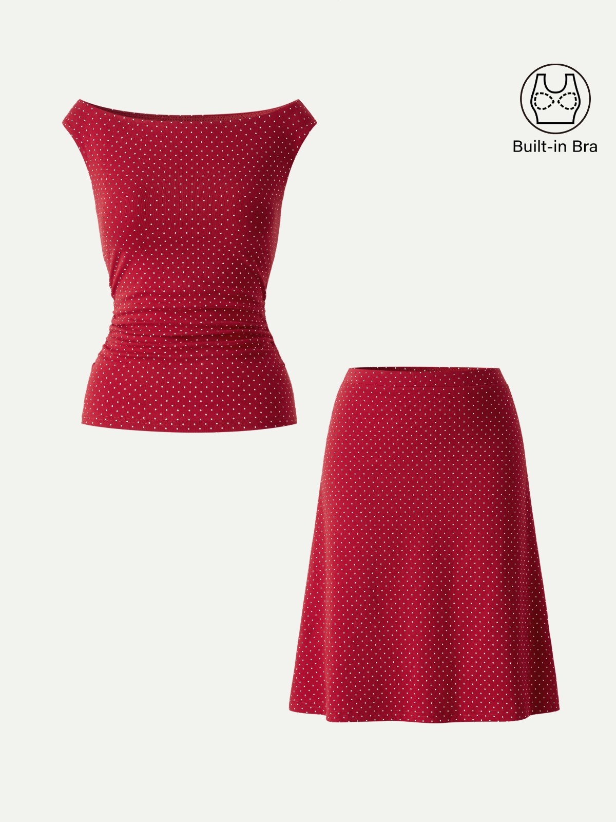 OGL 2Pcs Set Polka Dot Boatneck Bra Top A-Line Flare Skirt Stretch Cotton Women